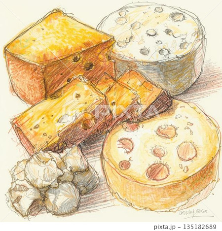 水彩で描いたいろいろなチーズのイラスト 135182689