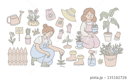 Gardening Women and Tools Set. Girls Planting Flowers, Indoor Plants, Flowerpots with Garden Equipment. Isolated Hand Drawn Pastel Color. Vector Illustration. Not AI 135182726