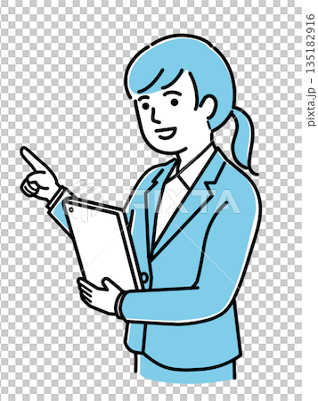 一位面帶微笑的女性手持平板電腦，身穿制服，提供指導、接待、醫療護理和照顧服務。 135182916