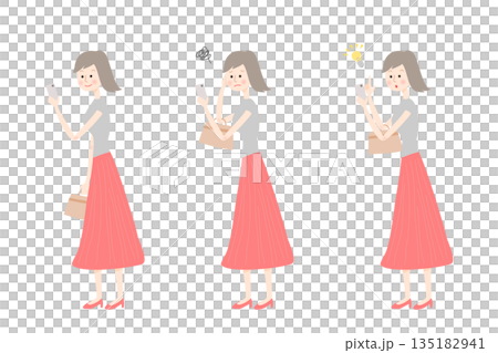 一組女性看著智慧型手機的臉部表情 一組女性看著智慧型手機的臉部表情 135182941