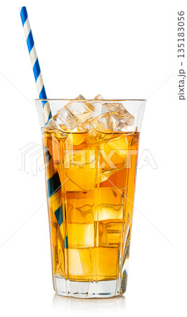 Refreshing iced tea in glass with blue straw Refreshing iced tea in glass with blue straw 135183056