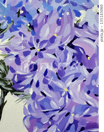 Closeup Of Vibrant Floral Painting, Impressionistic Brushstrokes Capturing Delicate Lilac Blossoms With Centers Closeup Of Vibrant Floral Painting, Impressionistic Brushstrokes Capturing Delicate Lilac Blossoms With Centers 135183060