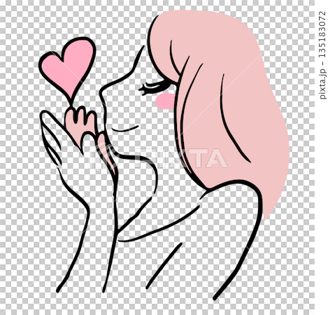 両手でハートにキスする女性の手書きイラスト 両手でハートにキスする女性の手書きイラスト 135183072