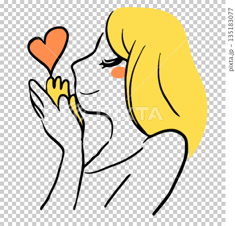 Hand-drawn illustration of a woman kissing a heart with both hands Hand-drawn illustration of a woman kissing a heart with both hands 135183077