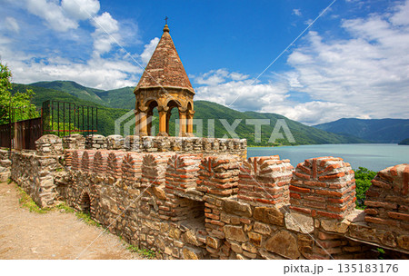 Ananuri fortress tower overlooking zhinvali lake in georgia 135183176