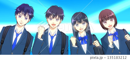 リュックとスクールバッグを持つ高校生または中学生の男女のアニメ風イラスト 135183212