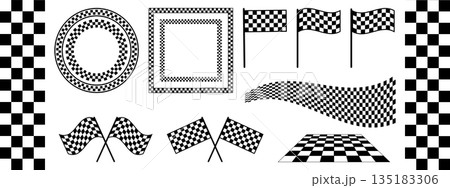 Set of flags and frames for race car competition. Start or finish rally, motocross or karting symbols. Pennants and borders with checkered print. Chess game plane texture. Vector graphic illustration 135183306