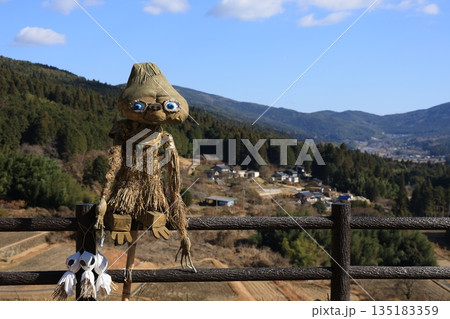 岐阜県恵那市坂折棚田の藁でできた宇宙人かかし 冬枯れ棚田と山村風景 12月初旬 135183359