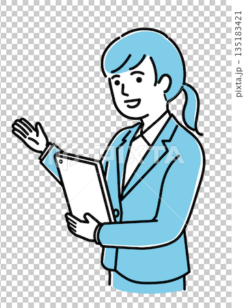 一名女子手持平板電腦進行引導，身穿淺藍色制服，負責接待、醫療照護、客戶服務等工作，向量圖。 135183421