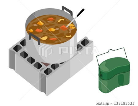 野外で作るカレー鍋と飯盒のイラスト 野外で作るカレー鍋と飯盒のイラスト 135183533