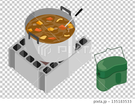 野外で作るカレー鍋と飯盒のイラスト 野外で作るカレー鍋と飯盒のイラスト 135183533