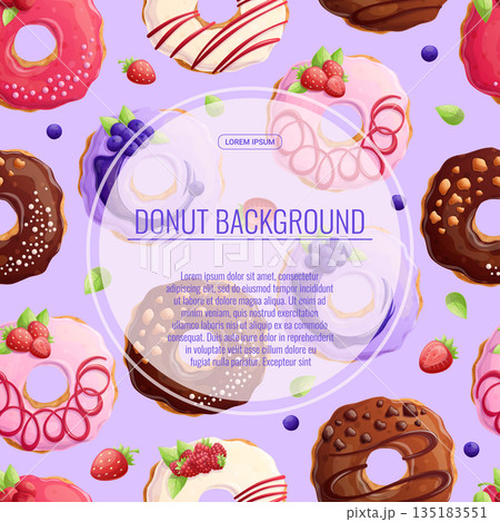 Colorful background with delicious donuts. The concept of confectionery, baking, cooking. Vector illustration for the design of posters, flyers, postcards and invitations Colorful background with delicious donuts. The concept of confectionery, baking, cooking. Vector illustration for the design of posters, flyers, postcards and invitations 135183551