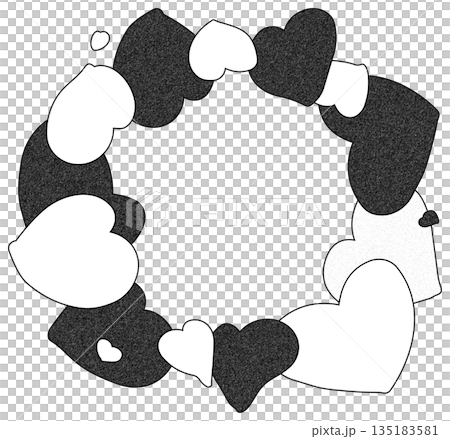 Cute monochrome hand-drawn heart background illustration, round heart wreath-style frame, pen drawing style 135183581