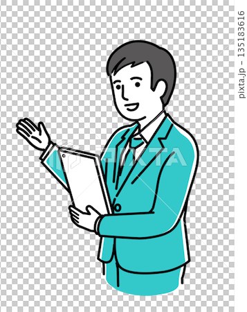 一名男子手持平板電腦，伸出手引導，穿著西裝，提供顧客服務，在接待處工作，向量圖。 135183616