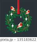 Festive Christmas vector illustration of a fir wreath decorated with robins, sparkles and a red ribbon. 135183622