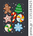 Cozy Christmas vector illustration with festive cookies and candies: gingerbread man, Christmas tree, snowflake, candy canes, stars and sweets. 135183625