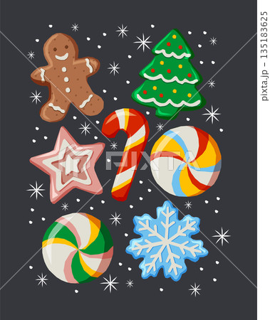 Cozy Christmas vector illustration with festive cookies and candies: gingerbread man, Christmas tree, snowflake, candy canes, stars and sweets. 135183625