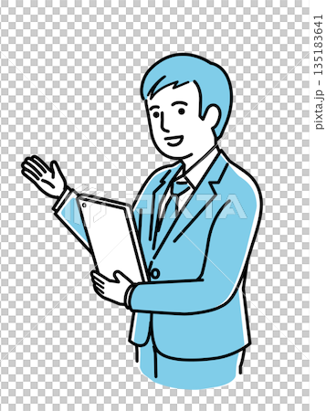 案内するタブレットを持った男性・薄い青の制服・受付・医療・介護・接客・ベクター 135183641