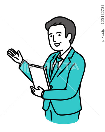 手を差し出し案内するタブレットを持った中高年男性・シニア・ビジネス・スーツ・ベクター 135183785