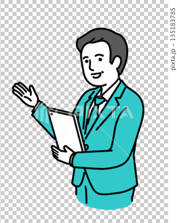 手を差し出し案内するタブレットを持った中高年男性・シニア・ビジネス・スーツ・ベクター 135183785