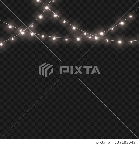 Christmas White Crossed Glowing String Lights Border on Transparent Background. Vector 135183945