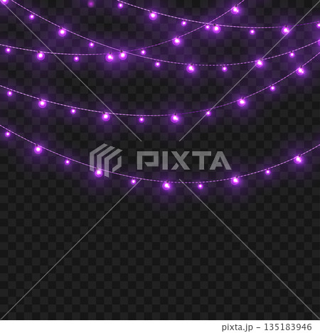 Christmas Purple Glowing String Lights Garland Border on Transparent Background. Vector 135183946