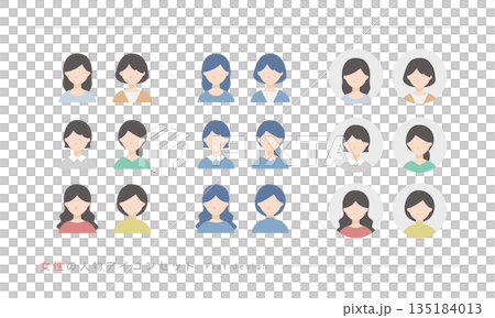 口碑與評論女性圖示集（20多歲、30多歲、40多歲，上半身，臉部）向量圖 135184013