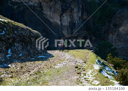 Hikers Walking On Mountain Trail Along Cliff Edge With Snow Patches And Forest View 135184100