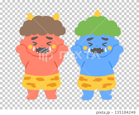 Illustration of crying red and blue demons Illustration of crying red and blue demons 135184249