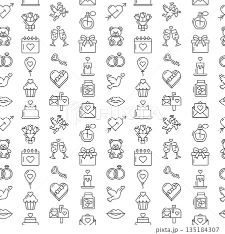 Valentine's Day seamless pattern with line icons. Love and romance vector background Valentine's Day seamless pattern with line icons. Love and romance vector background 135184307