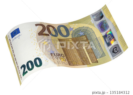 Curved two hundred Euro banknote of the new sample close up Curved two hundred Euro banknote of the new sample close up 135184312