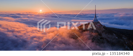 Beautiful Sunset over Famous Mountain Hotel Jested , Aerial Shot Above Clouds 135184340