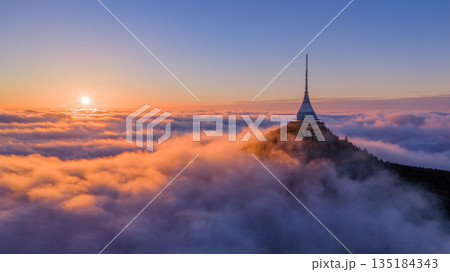 Beautiful Sunset over Famous Mountain Hotel Jested , Aerial Shot Above Clouds 135184343