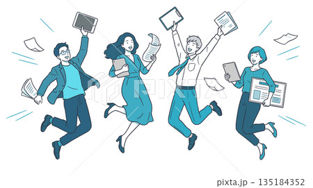 書類やタブレットを持ってチームでジャンプして喜ぶビジネスシーン 書類やタブレットを持ってチームでジャンプして喜ぶビジネスシーン 135184352