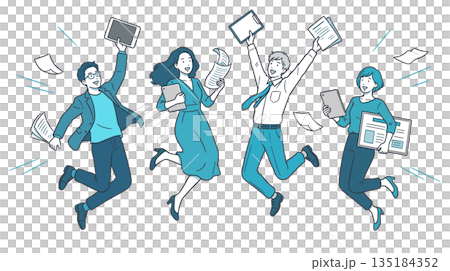 一個商業場景，團隊成員手持文件和平板電腦，欣喜若狂地跳了起來。 135184352