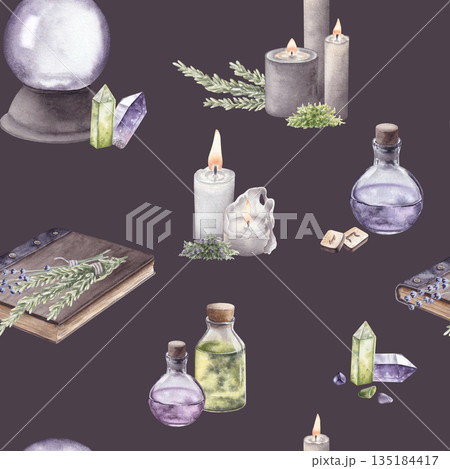 Watercolor seamless pattern with magical items on a dark background. Crystal ball, candles, potions, crystals, runes and herbs. Hand drawn illustration Watercolor seamless pattern with magical items on a dark background. Crystal ball, candles, potions, crystals, runes and herbs. Hand drawn illustration 135184417