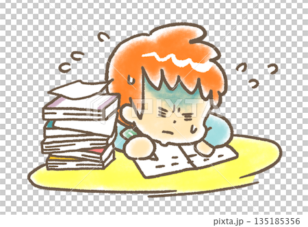 長期休みがもうすぐ終わりなのに宿題がたまって大変な学生 長期休みがもうすぐ終わりなのに宿題がたまって大変な学生 135185356
