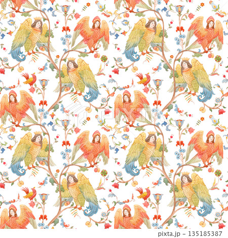 Whimsical Slavic mythology seamless pattern featuring the Alkonost, a legendary bird with a human face from Russian folklore. Vintage fairytale illustration with ornate branches and floral motifs Whimsical Slavic mythology seamless pattern featuring the Alkonost, a legendary bird with a human face from Russian folklore. Vintage fairytale illustration with ornate branches and floral motifs 135185387