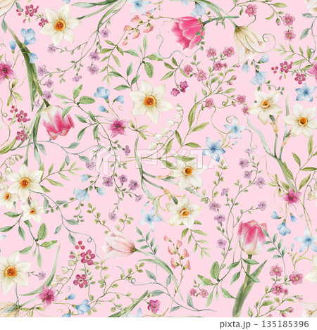 Seamless Watercolor Floral Pattern with Delicate Spring Flowers, Green Leaves on Soft Pink Background 135185396
