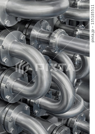 Curved stainless steel pipes, part of industrial cooling system Curved stainless steel pipes, part of industrial cooling system 135185511