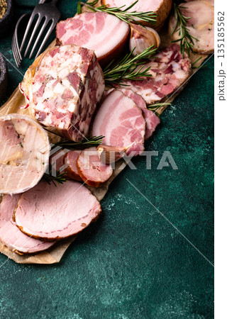 Different meat, sausages, ham and smoked pork 135185562