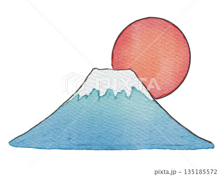富士山と初日の出　手描き　水彩　イラスト 135185572