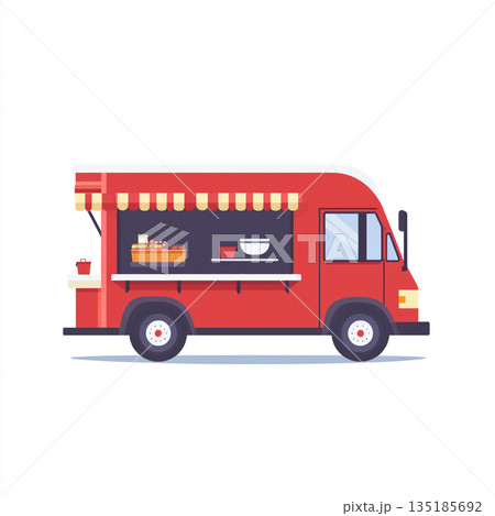 An icon style illustration of a food truck with striped awning. The truck is isolated on a white background.  135185692