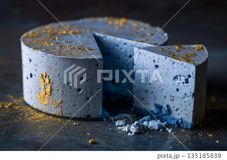 Beautiful blue cake with floral decorations and a slice removed on display 135185839