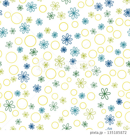 Seamless pattern with small flowers and circles. Design for print in retro style. Delicate blue green flowers on white background 135185872