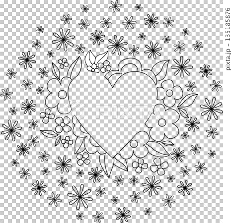 Monochrome heart frame for your text. Romantic round coloring page. Pattern with vintage floral ornament. Many little flowers Monochrome heart frame for your text. Romantic round coloring page. Pattern with vintage floral ornament. Many little flowers 135185876