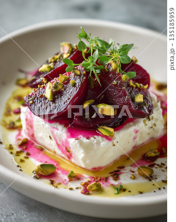 Delicious beetroot salad with yogurt and nuts served on a white plate 135185959