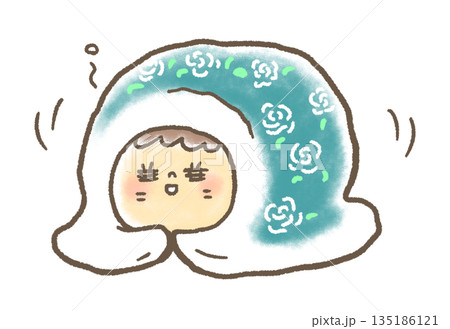 冬に寒くて布団にくるまって暖まる人 135186121