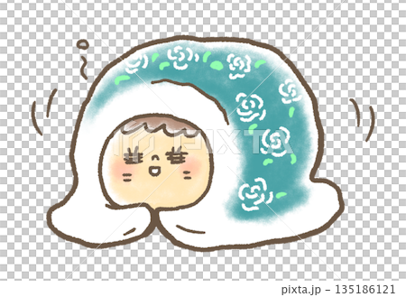 冬に寒くて布団にくるまって暖まる人 135186121