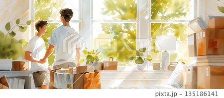 Two men stand by a window in a bright room, looking out at a sunny day. Two men stand by a window in a bright room, looking out at a sunny day. 135186141